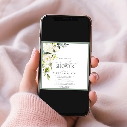 Invitation Elégant blanc gris vert Aquarelle Couples Douche