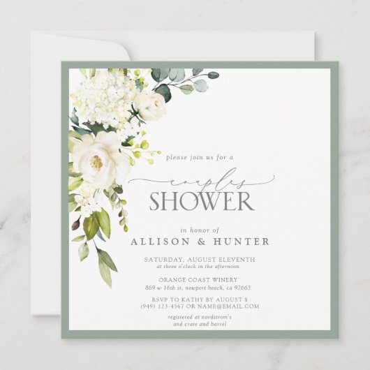 Invitation Elégant blanc gris vert Aquarelle Couples Douche (Devant)