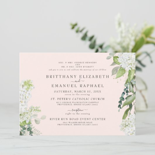 Invitation Élégant blanc Hydrangée Blush Les deux parents Mar (Debout devant)