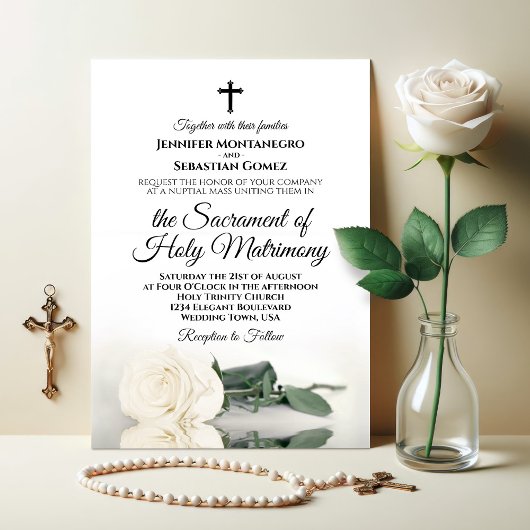 Invitation Élégant blanc ivoire Rose Mariage catholique moder
