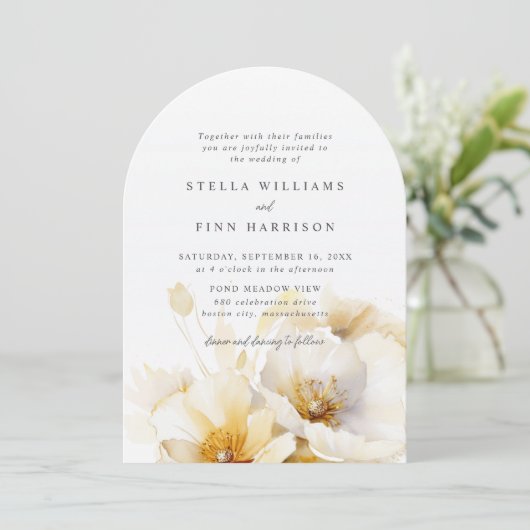 Invitation Elégant Blanc Jaune Or Fleurs Détails Mariage (Debout devant)