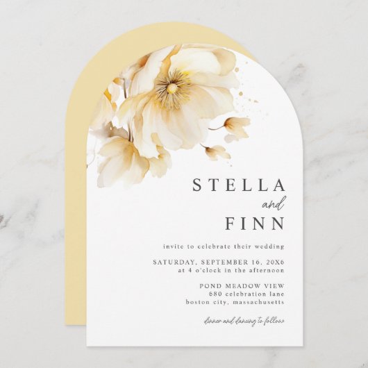 Invitation Elégant Blanc Jaune Or Fleurs QR Code Mariage (Devant / Derrière)