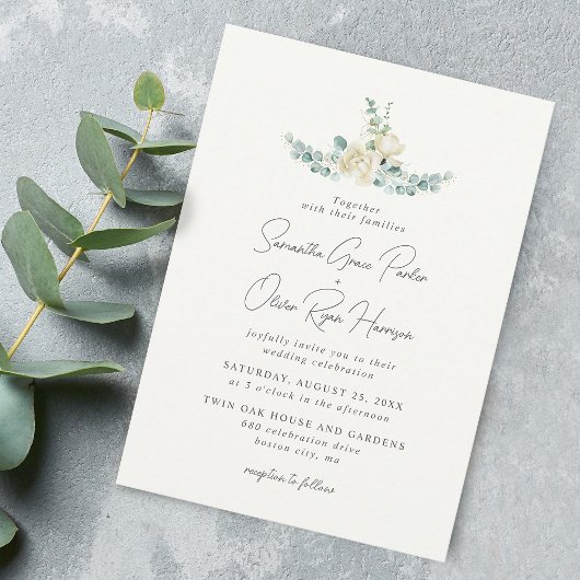 Invitation Elégant blanc Magnolia Eucalyptus Bouquet Mariage