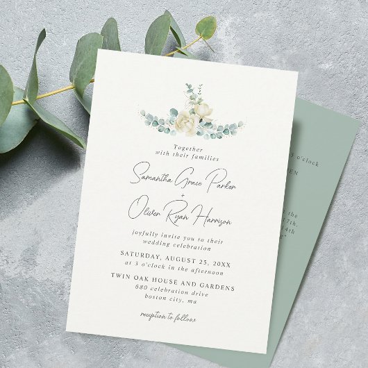 Invitation Elégant blanc Magnolia Eucalyptus Mariage Détail