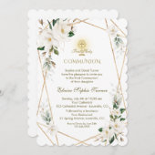 Invitation Élégant blanc Magnolia Or Première Communion saint (Devant / Derrière)