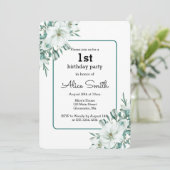 Invitation Elégant blanc Magnolia Verdure Flora 1er anniversa (Debout devant)