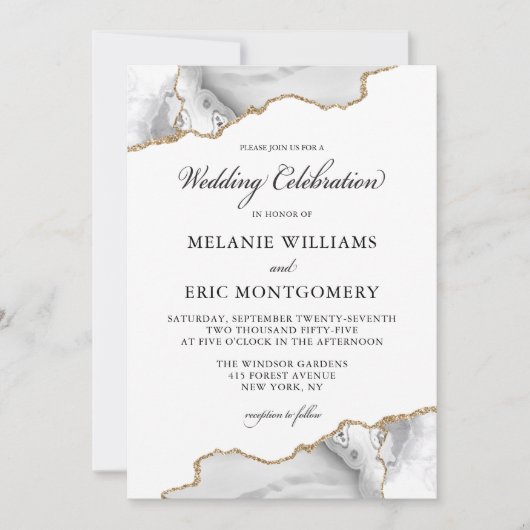 Invitation Élégant blanc marbre doré Agate Geode Mariage (Devant)