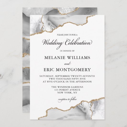Invitation Élégant blanc marbre doré Agate Geode Mariage (Devant / Derrière)