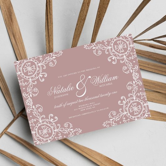 Invitation Élégant blanc mauve rose ornement mariage