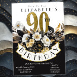 Invitation Elégant blanc noir et or floral 90e anniversaire<br><div class="desc">Élégante Invitations pour femmes de 90e anniversaire, blanches, noires et d'or. Il Est Facile De Modifier L'Exemple De Texte En Cliquant Sur Personnaliser. Cliquez Sur Personnaliser Pour Modifier Le Type De Police, La Couleur De Police, La Taille De Police Ou Pour Ajouter/Supprimer/Modifier Le Texte Ou Les Éléments De Création. Cette...</div>
