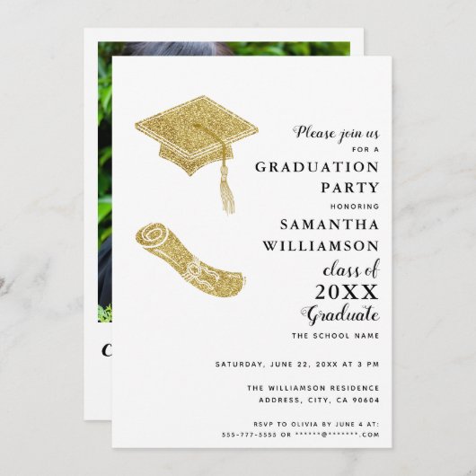 Invitation Elégant Blanc Noir Gold Grad photo Graduation (Devant / Derrière)
