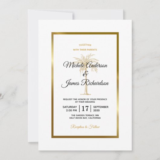 Invitation Elégant blanc Noir Palm Tree Mariage moderne (Devant)