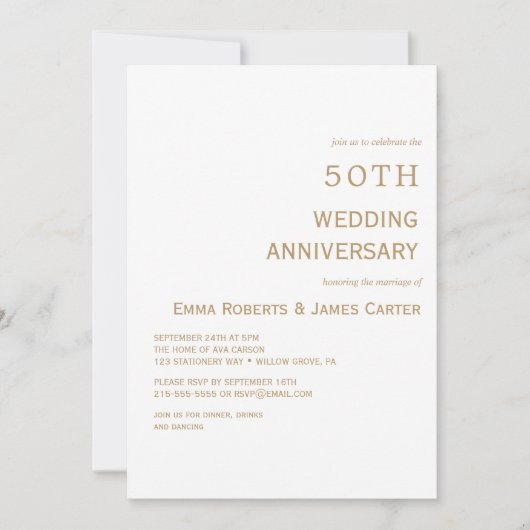 Invitation Élégant Blanc & Or 50e Anniversaire (Devant)