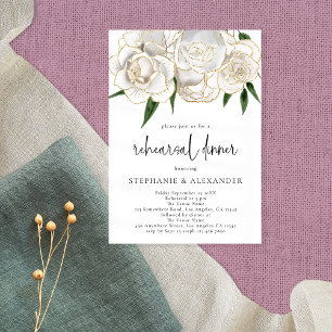 Invitation Élégant Blanc Or Floral Script Dîner de répétition