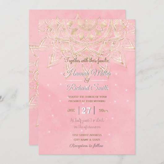 Invitation Elégant blanc & or Mandala Blush Pink Design (Devant / Derrière)