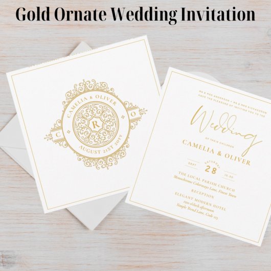 Invitation Elégant Blanc Or Ornate Carré Classic I