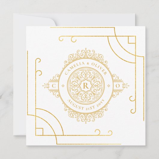 Invitation Élégant Blanc Or Ornate Carré MARIAGE classique (Devant)