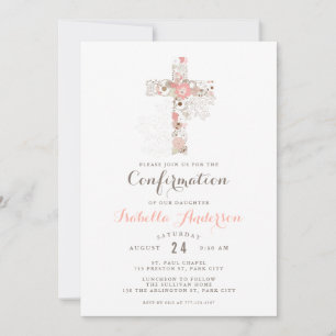 Invitation Elégant blanc rose confirmation nom croisé floral