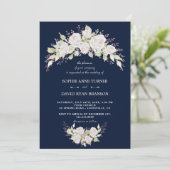 Invitation Elégant blanc rose Roses Mariage bleu marine (Debout devant)
