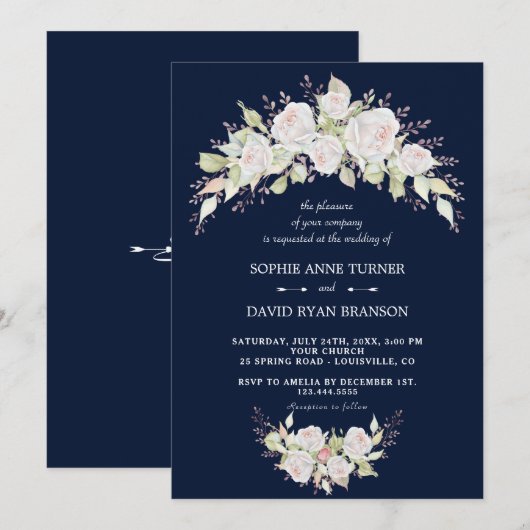 Invitation Elégant blanc rose Roses Mariage bleu marine (Devant / Derrière)