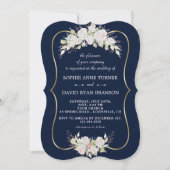 Invitation Elégant blanc rose Roses Marine Mariage bleu or (Devant)