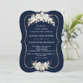 Invitation Elégant blanc rose Roses Marine Mariage bleu or (Debout devant)