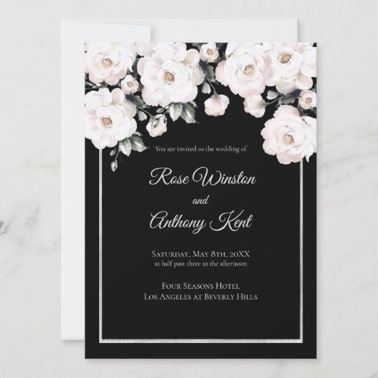 Invitation Elégant blanc Roses Argent Frame Black Mariage (Devant)