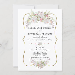 Invitation Elégant blanc Roses Bourgogne Gold Frame Mariage
