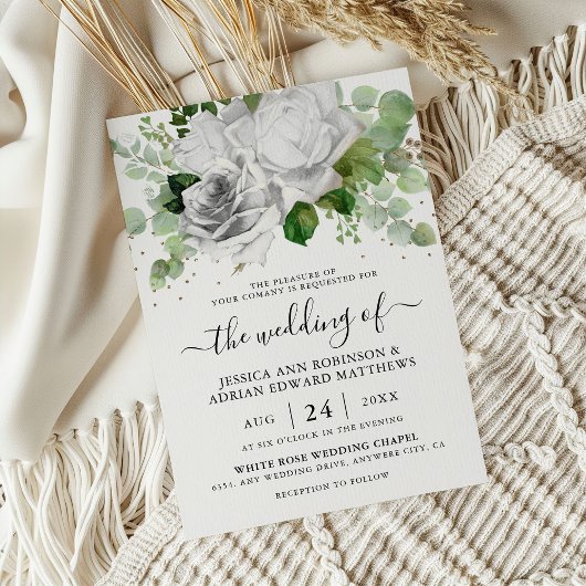 Invitation Elégant blanc Roses & Eucalyptus Mariage de verdur