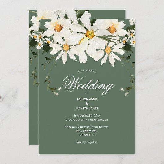 Invitation Elégant blanc rustique marguerites Mariage vert mo (Devant / Derrière)
