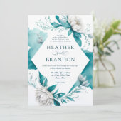 Invitation Elégant blanc Turquoise Aquarelle Floral Peony Mar (Debout devant)
