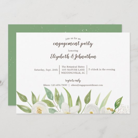 Invitation Elégant blanc & vert Aquarelle Fiançailles floral (Devant / Derrière)