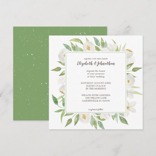 Invitation Elégant blanc & vert Aquarelle Mariage floral (Devant / Derrière)