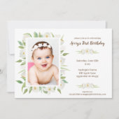 Invitation élégant Blanc & Vert Floral Baby's 1er anniversair (Devant)