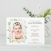 Invitation élégant Blanc & Vert Floral Baby's 1er anniversair (Debout devant)