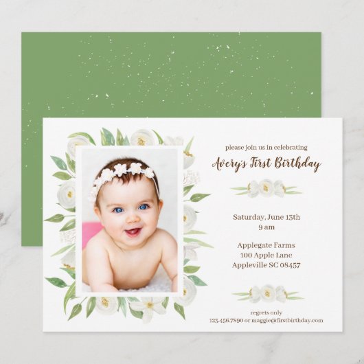 Invitation élégant Blanc & Vert Floral Baby's 1er anniversair (Devant / Derrière)