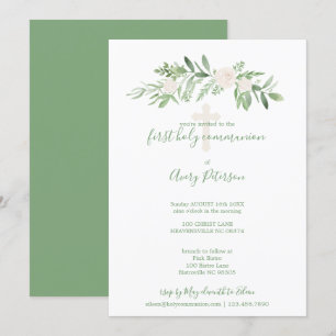 Invitation Élégant Blanc & Vert Rose Première Sainte Communio