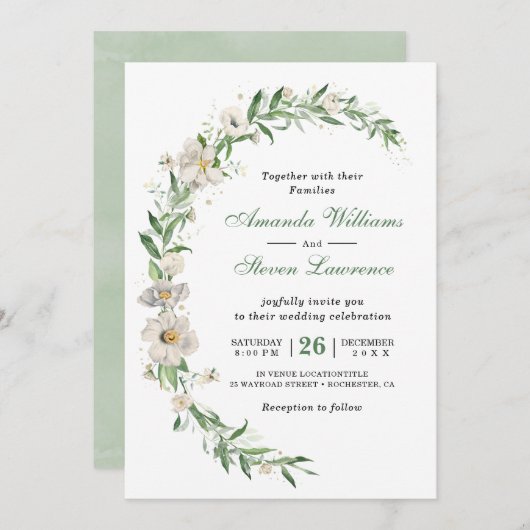 Invitation Elégant blanc vert vintage mariage (Devant / Derrière)