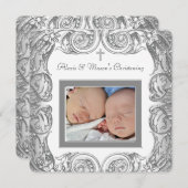 Invitation Elégant Blancs Photo Christening (Devant / Derrière)