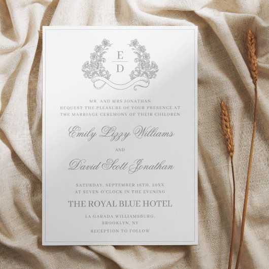 Invitation Élégant blason botanique argent héritage mariage