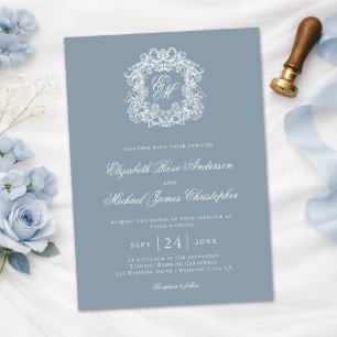 Invitation Élégant blason de mariage monochrome bleu poussiér