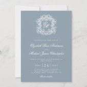 Invitation Élégant blason de mariage monogramme bleu poussiér (Devant)