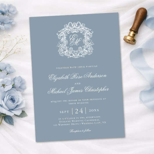 Invitation Élégant blason de mariage monogramme bleu poussiér