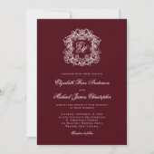 Invitation Élégant blason de monogramme bordeaux pour mariage (Devant)