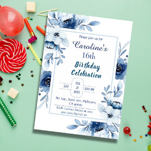 Invitation Elégant bleu 16ème anniversaire tons floral bleu