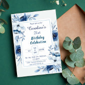 Invitation Elégant bleu 21e anniversaire tonalités florales d