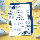 Invitation Elégant bleu 25e anniversaire tonalités florales d