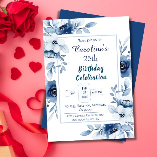 Invitation Elégant bleu 25e anniversaire tonalités florales d