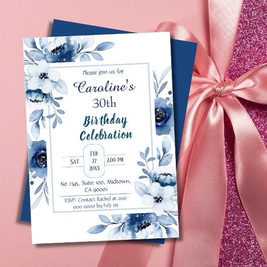 Invitation Elégant bleu 30e anniversaire floral nuances de bl