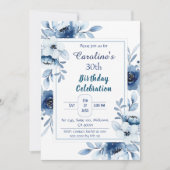 Invitation Elégant bleu 30e anniversaire floral nuances de bl (Devant)